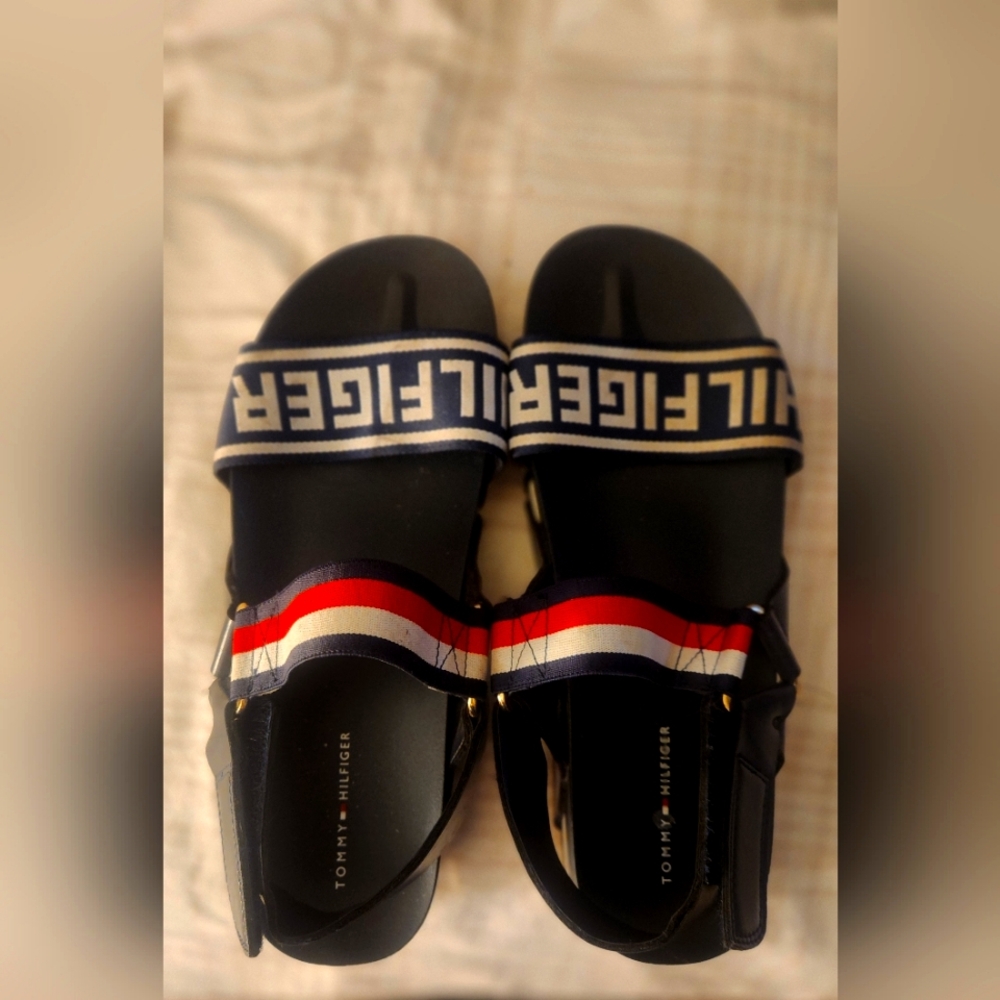 Tommy Hilfiger Black and Red Sandals with Bold Strap Design
